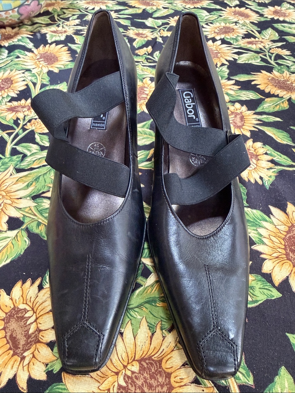 Gabor Black Leather Mary Jane Flats with Dual Elastic Straps 8.5 us